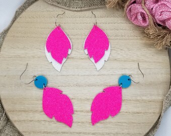 Glitter Feather Earrings: Hot Pink & White Leather, Teal Acrylic, Stainless Steel