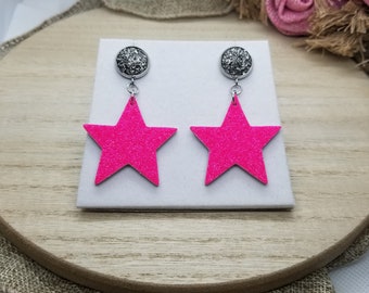 Hot Pink Star Earrings Glitter Neon Pink Genuine Leather Silver and Gray Sparkly Druzy Stud Posts Lightweight Gift for Her Etsy