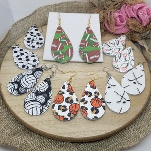 Sport Teardrop Earrings, Football, Soccer, Volleyball, Hockey, Baseball, Softball, Basketball, Genuine Leather, Steel, Sterling Silver