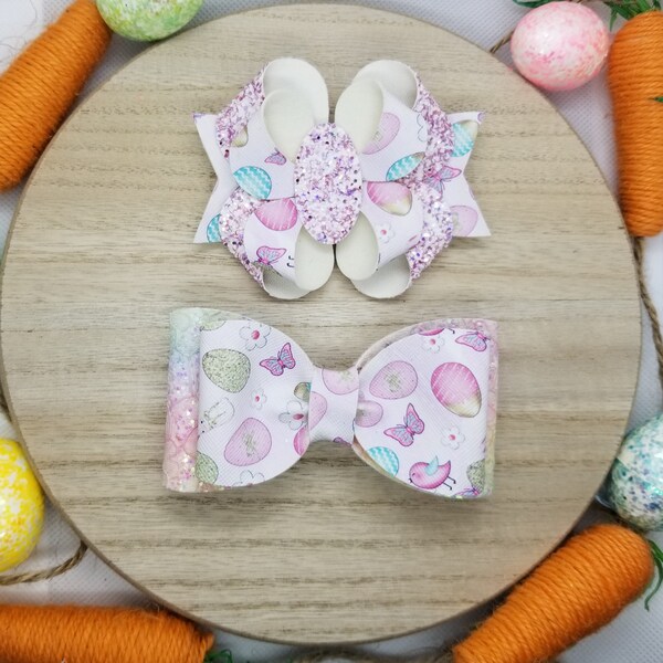 Easter Egg & Flower Hair Bow, Looped Bow with Flowers, Eggs, Birds and Butterfly Print and Glitter Faux Leather on Alligator Clip, Girl