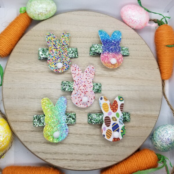 Easter Bunny Hair Clips, Multi Color Glitter or Easter Egg Print Faux Leather Bow & Alligator Clip, Spring Gift for Toddlers and Children