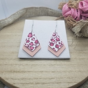 Leopard Earrings, White with Red & Pink Genuine Leather, Gold or Silver Stainless Steel or Sterling Silver, Animal Print, Wild Cat, Gift