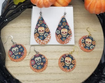 Sugar Skull Leather Earrings, Orange Floral, Day of the Dead