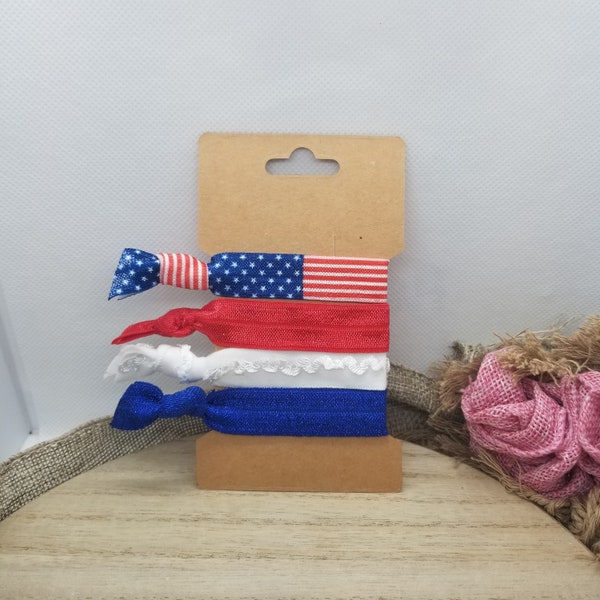 Memorial Day Hair Tie Set, USA Flag Elastic Knotted Hair Bands, Red White Blue Hair Accessory, Wrist Band, Stretch Bracelet, 4th of July