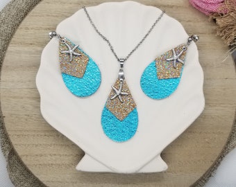 Starfish Earring & Necklace Set, Beach Nautical Jewelry, Metallic Aqua and Sparkly Tan Genuine Leather with Stainless Steel, Gift for Her
