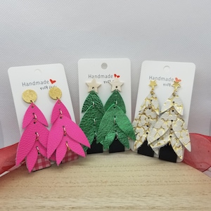 Christmas Tree Earrings, Genuine Leather Sparkly Holiday Earrings, Green, Teal, White & Gold, Star Stainless Steel Post, Holiday Accessories