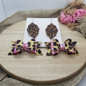 Leopard Bow & Earring Set, Mommy and Me, Genuine Cork on Leather, Stainless Steel, Small Faux Leather Hairbow Pink Glitter, Mother&#39;s Day