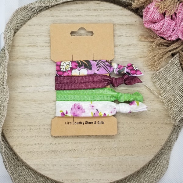 Floral Hair Tie Set, Elastic Knotted Hair Bands, White, Purple, Pink, Green, Hair Accessory, Wrist Band, Stretch Bracelet, Mother's Day Gift