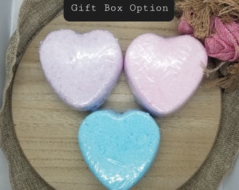 Heart Bath Bomb Set, 3oz Fizzy Bath Bomb, Lavender, Pink Lemonade, Orange & Eucalypus, Purple, Pink and Blue, Anniversary, Bath Spa Gift Box