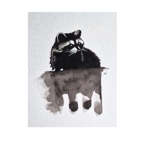 UVRES D'ART ORIGINALES, aquarelle A5, raton laveur, art noir et blanc, décoration d'intérieur, cadeau pour les amateurs d'animaux de compagnie, carte postale