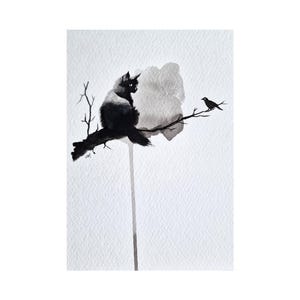 UVRES D'ART ORIGINALES, aquarelle A5, chat et oiseau, art noir et blanc, décoration d'intérieur, cadeau pour les amoureux des animaux de compagnie, carte postale
