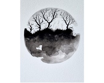 ORIGINAL ARTWORK, A5 Watercolour painting, Tree of Life, Black and White Art, Home Decor, Spiritual Art, Postcard