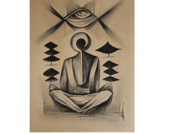 ORIGINAL ARTWORK, Abstract Buddha, Geometric Artwork, Pencil Drawing, Spiritual Art, Visionary Drawing