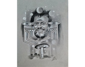 OPERA D'ARTE ORIGINALE, Terence McKenna, Ritratto psichedelico, Opera d'arte geometrica, Disegno a matita originale, A3
