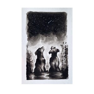 OBRA DE ARTE ORIGINAL, Perros estrellados, Arte en blanco y negro, Decoración del hogar, Regalo para amantes de las mascotas, Postal, Hermosa, Pintura de acuarela A4
