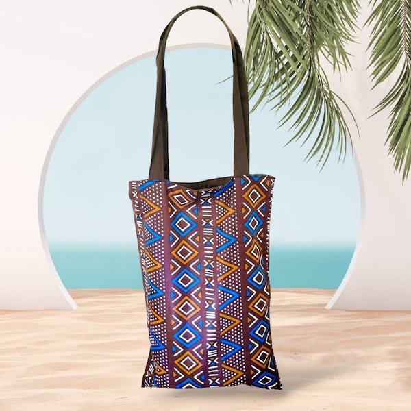 WAX TOTE BAG with reversible Senegal wax fabric pocket, reusable bogolan shoulder bags, beach totes, African fashion