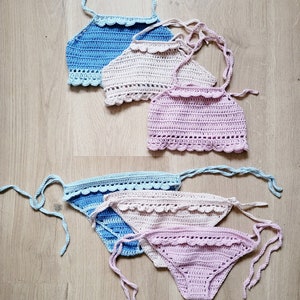2-delige set beige gehaakt badpak voor kleine meisjes, katoenen babybikini met ruches, strandoutfit, kindermode 2-6 jaar
