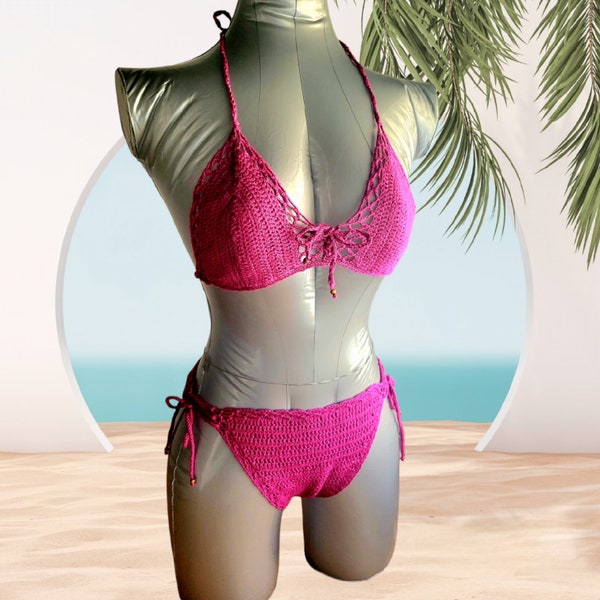 Ensemble bikini 2 pièces pour femmes magenta au crochet, maillot de bain rose fuchsia