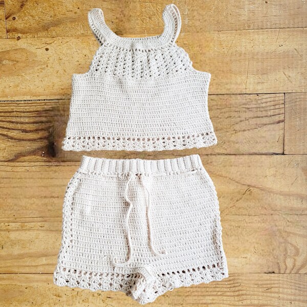 Ensemble boho 2 pièces short et t-shirt beige pour fillette au crochet, top boho au crochet en coton pour fille, tenue d'été, mode enfant