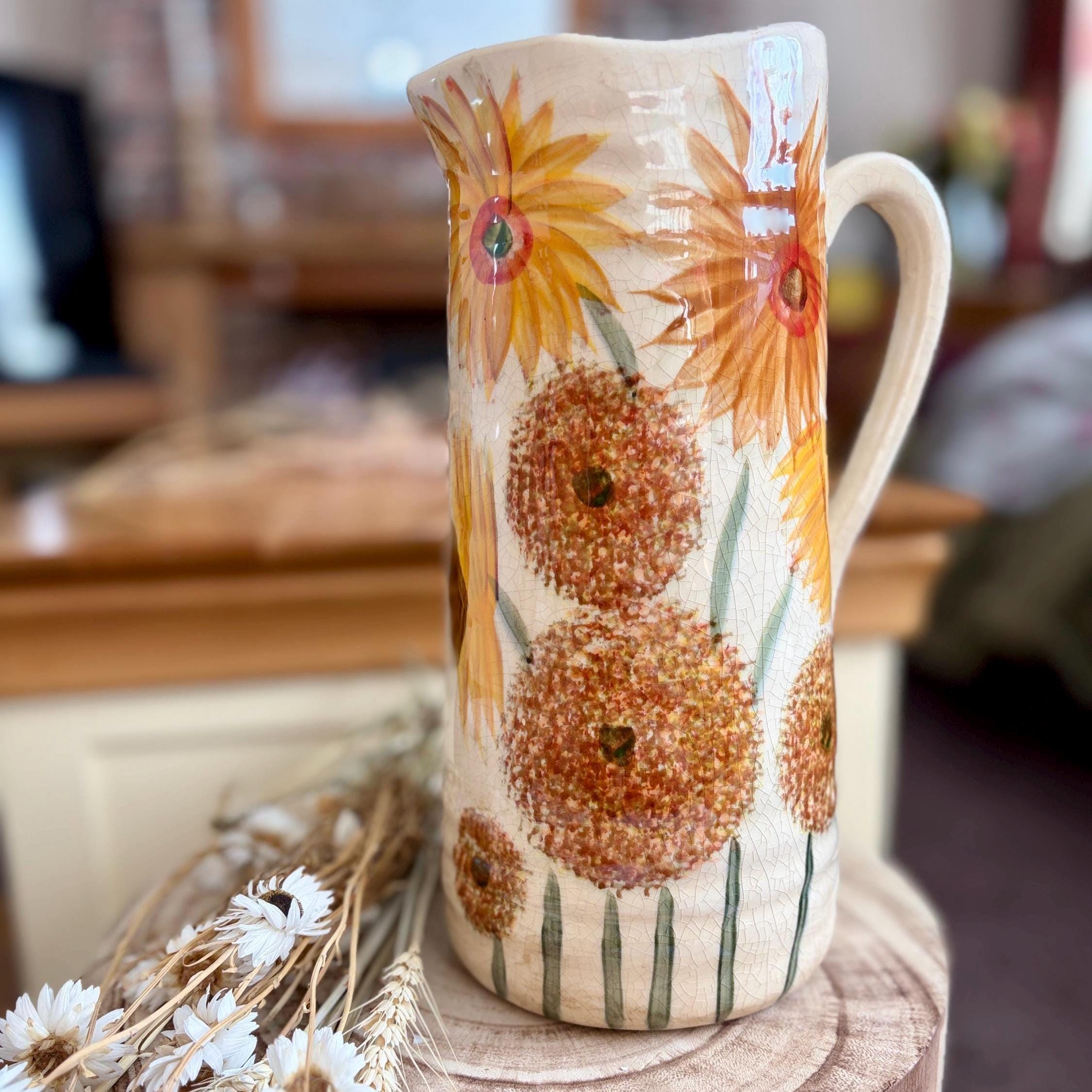 Ceramic Sunflower Jug Vase - Tall Wavy Stoneware Jug - Rustic