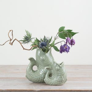 Green Gluggle Jug: Fish Vase Water Pitcher - Coastal Decor