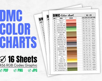 印刷可能な DMC 糸カラーチャート トラッカー インベントリ - 16 シート | DMC カラーチャートと 456 RGB コード | DMC 刺繍糸用