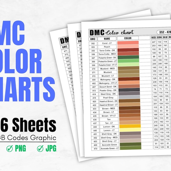 Printable DMC Thread Color Chart Tracker Inventory - 16 Sheet | DMC Color Charts & 456 RGB Codes | For dmc embroidery floss