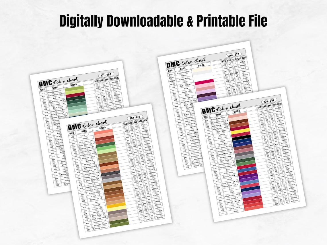 Printable DMC Thread Color Chart Tracker Inventory 16 Sheet DMC Color