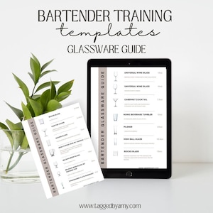 May include: Two printable guides for bartenders, showing different types of glassware with their names and sizes in ounces. The guides are titled "Bartender Glassware Guide" and "Bartender Training Templates Glassware Guide".