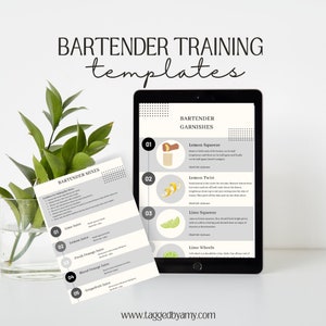 May include: A digital tablet and a printed sheet of paper with instructions for bartenders on how to make different juice mixes and garnishes. The tablet shows a list of garnishes with illustrations of lemons, limes, and lime wheels. The paper shows a list of juice mixes, including lime, lemon, fresh orange, blood orange, and grapefruit.