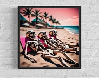 May include: Three skeletons are laying on pink beach chairs on a sandy beach with palm trees in the background. The sky is a vibrant pink and orange.