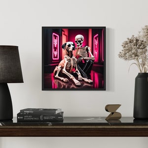 skeleton and dog rave art, ai-generated rave skeleton illustration, pink and black rave aesthetic art, unique skeleton and pet artwork, rave-themed skeleton art, playful skeleton and dog artwork, high contrast rave decor. skeleton pet art.