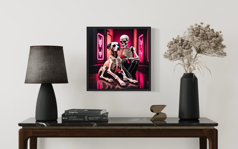 skeleton and dog rave art, ai-generated rave skeleton illustration, pink and black rave aesthetic art, unique skeleton and pet artwork, rave-themed skeleton art, playful skeleton and dog artwork, high contrast rave decor. skeleton pet art.