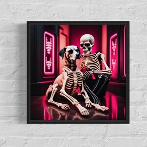 skeleton and dog rave art, ai-generated rave skeleton illustration, pink and black rave aesthetic art, unique skeleton and pet artwork, rave-themed skeleton art, playful skeleton and dog artwork, high contrast rave decor. skeleton pet art.