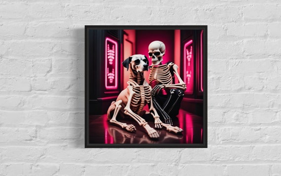 Skeleton Dog AI Art Print – Edgy Pink and Black Halloween Decor