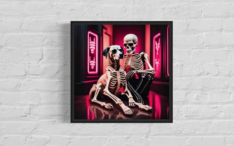 skeleton and dog rave art, ai-generated rave skeleton illustration, pink and black rave aesthetic art, unique skeleton and pet artwork, rave-themed skeleton art, playful skeleton and dog artwork, high contrast rave decor. skeleton pet art.