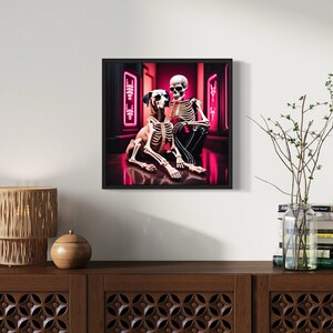 skeleton and dog rave art, ai-generated rave skeleton illustration, pink and black rave aesthetic art, unique skeleton and pet artwork, rave-themed skeleton art, playful skeleton and dog artwork, high contrast rave decor. skeleton pet art.