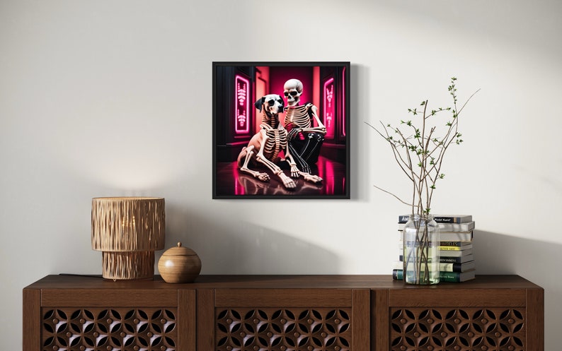 skeleton and dog rave art, ai-generated rave skeleton illustration, pink and black rave aesthetic art, unique skeleton and pet artwork, rave-themed skeleton art, playful skeleton and dog artwork, high contrast rave decor. skeleton pet art.