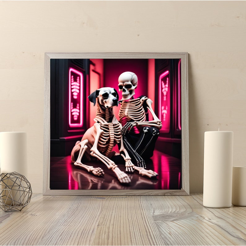 skeleton and dog rave art, ai-generated rave skeleton illustration, pink and black rave aesthetic art, unique skeleton and pet artwork, rave-themed skeleton art, playful skeleton and dog artwork, high contrast rave decor. skeleton pet art.