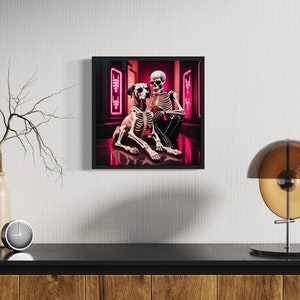 skeleton and dog rave art, ai-generated rave skeleton illustration, pink and black rave aesthetic art, unique skeleton and pet artwork, rave-themed skeleton art, playful skeleton and dog artwork, high contrast rave decor. skeleton pet art.