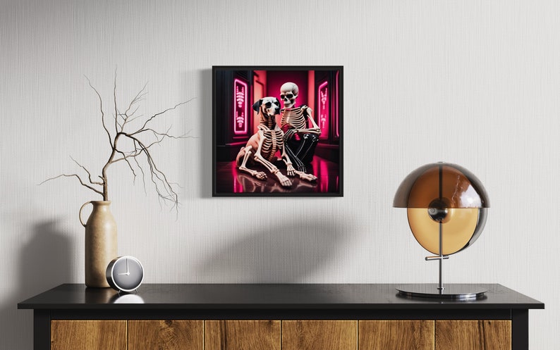 skeleton and dog rave art, ai-generated rave skeleton illustration, pink and black rave aesthetic art, unique skeleton and pet artwork, rave-themed skeleton art, playful skeleton and dog artwork, high contrast rave decor. skeleton pet art.
