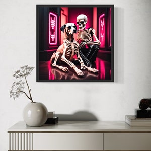 skeleton and dog rave art, ai-generated rave skeleton illustration, pink and black rave aesthetic art, unique skeleton and pet artwork, rave-themed skeleton art, playful skeleton and dog artwork, high contrast rave decor. skeleton pet art.