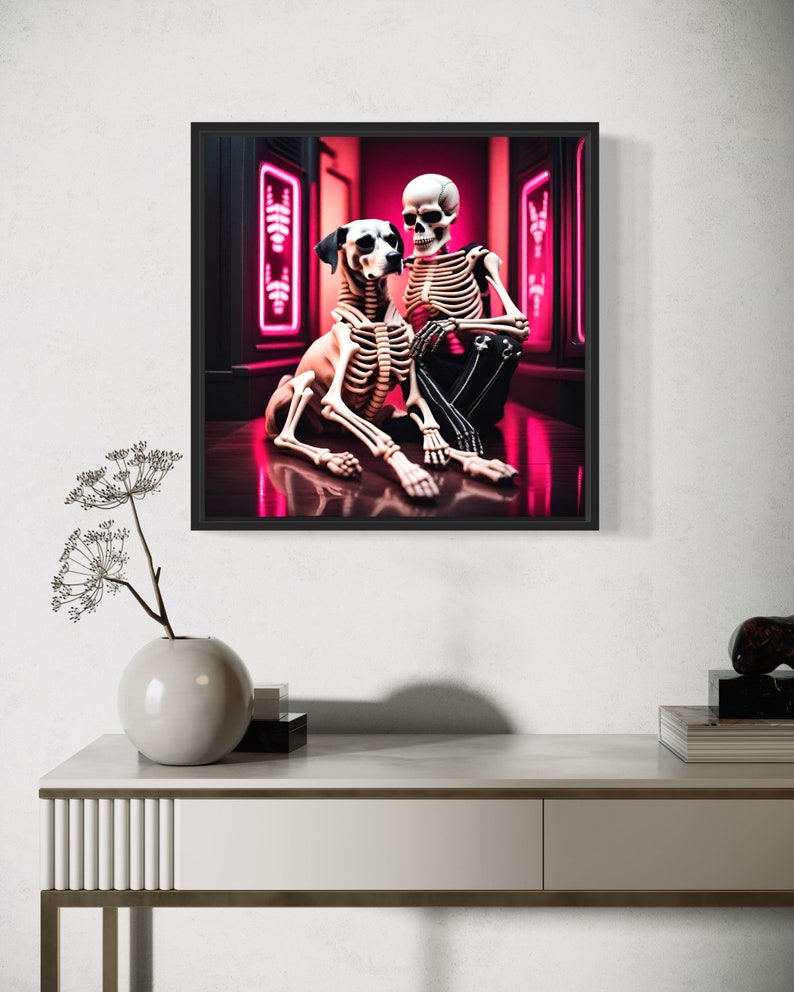 skeleton and dog rave art, ai-generated rave skeleton illustration, pink and black rave aesthetic art, unique skeleton and pet artwork, rave-themed skeleton art, playful skeleton and dog artwork, high contrast rave decor. skeleton pet art.