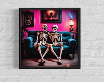 May include: Two skeletons sitting on a blue velvet couch in a pink room with a lamp and framed pictures on the wall.