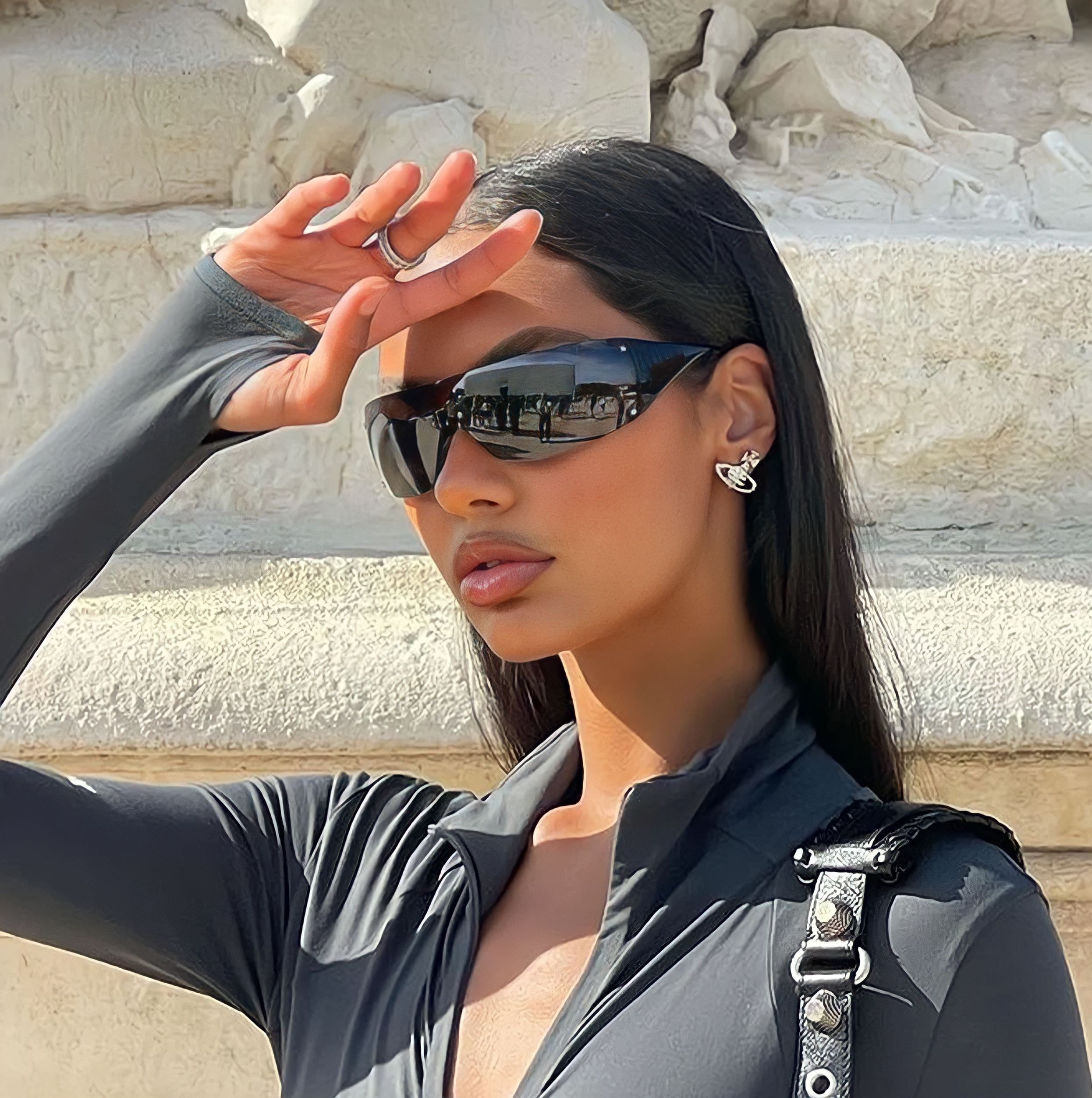 Rimless Y2k Sunglasses For Women Unisex Wrap Around Fashion