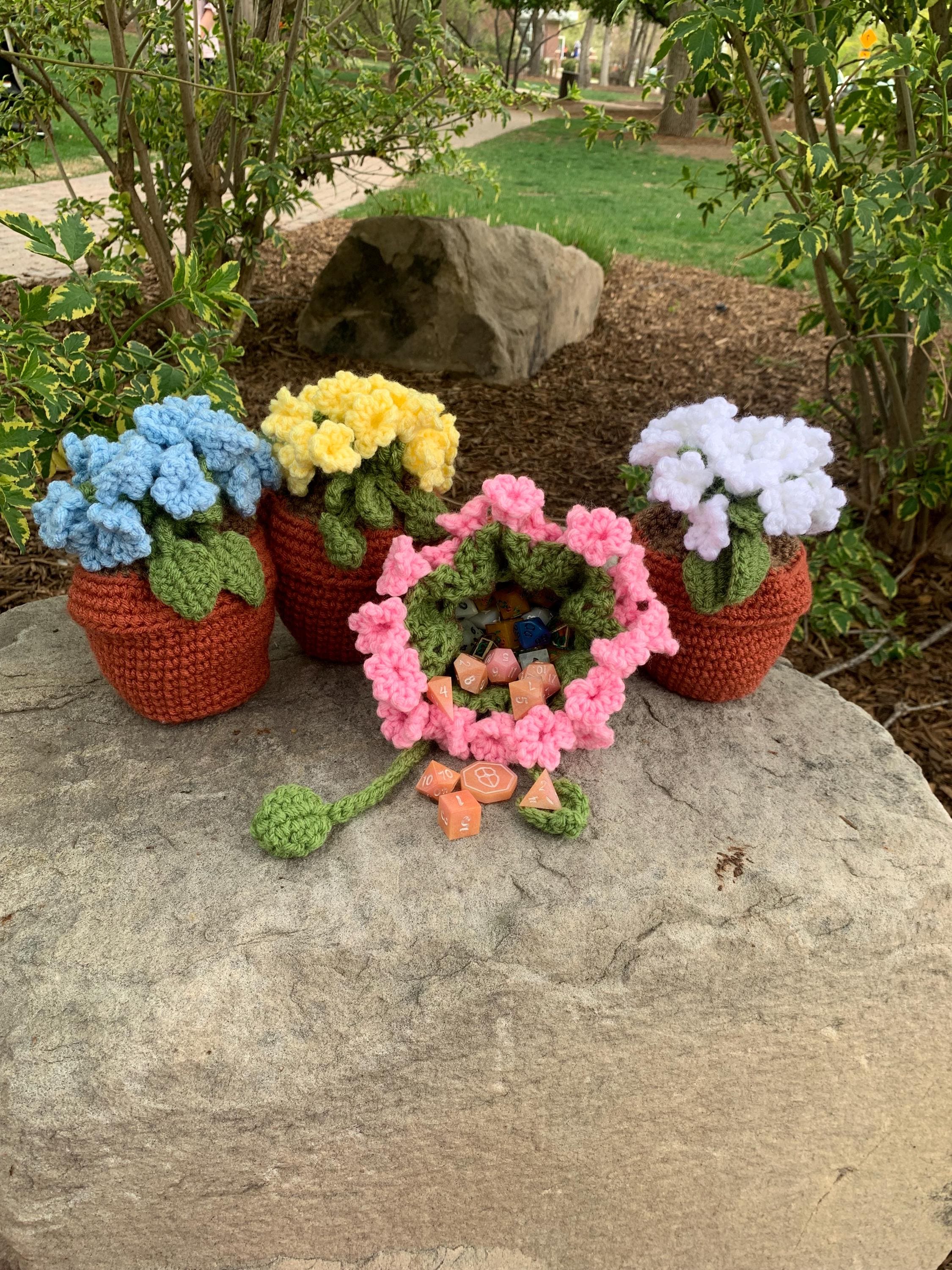 30 DnD Crochet Patterns for Dice Bags, Plushies, and Tabletop Gifts 17 Flower Pot Dice Bag Crochet Pattern