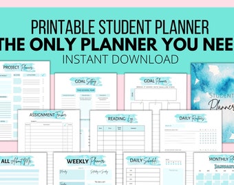 May include: Printable student planner with a blue watercolor background. The planner includes pages for project planning, goal setting, assignment tracking, reading logs, daily routines, weekly schedules, daily schedules, and monthly calendars. The text "Printable PDF | Multiple Pages" and "Download and print as many as you want!" is at the bottom of the image.