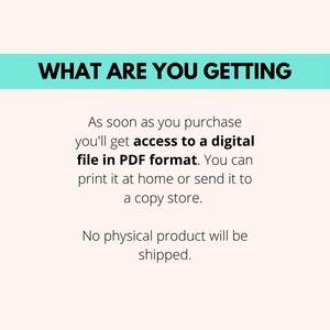 K&ouml;nnte beinhalten: Text auf wei&szlig;em Hintergrund mit einem t&uuml;rkisfarbenen Banner oben, auf dem "WHAT ARE YOU GETTING" steht. Der Text unter dem Banner erkl&auml;rt, dass Sie nach dem Kauf eine digitale Datei im PDF-Format erhalten. Sie k&ouml;nnen sie zu Hause ausdrucken oder an eine Druckerei senden. Der Text besagt auch, dass kein physisches Produkt versandt wird.