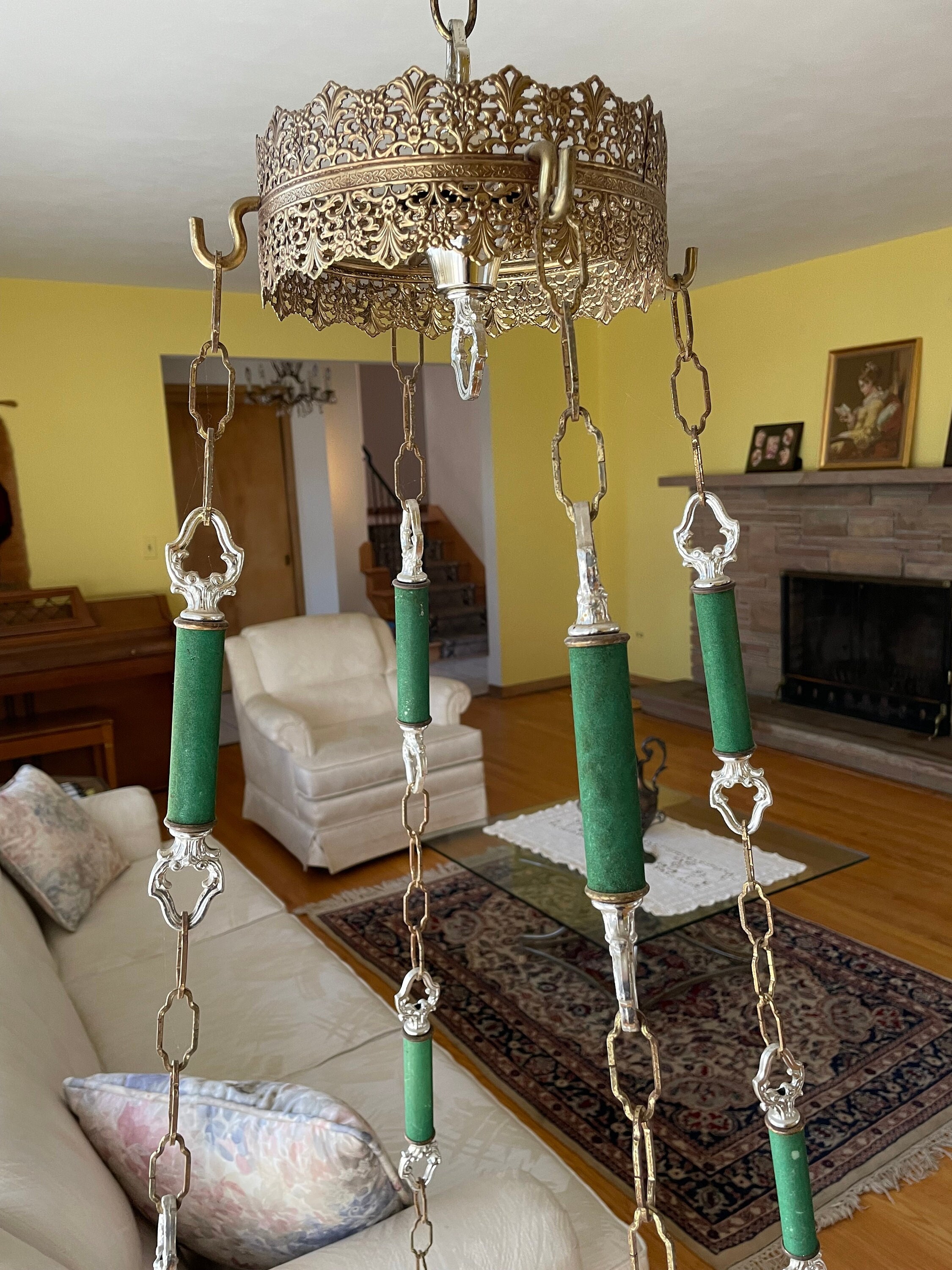 Hollywood Regency Hanging Swag Marble Table Green Velvet