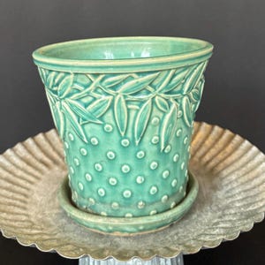 Vintage McCoy Hobnail and Leaves Planter Green Aqua Glaze 1940er Jahre 5-Zoll